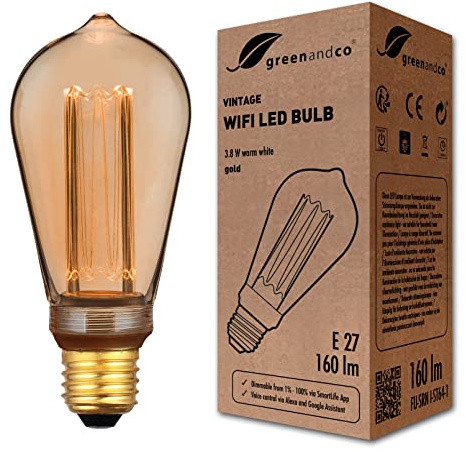 greenandco dekorativ smart WiFi-LED-glödlampa i vintage-stil | E27 ST64 | 3,8W 160lm | 1800K | 320° | 230V | Flimmerfri | Kompatibel med Alexa och Google Assistant