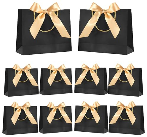 10er-Pack Geschenktüten mit Schleife, Geschenktüten aus Papier mit Griffen für Hochzeitsfeiern, Babypartys, Geburtstagsfeiern (32x25x11 cm, Schwarz)