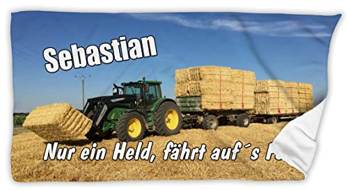 Unikatolo Handtuch Traktor mit Name personalisiert 50 x 100 cm | Geschenkidee Landwirt Bauer Trecker Führerschein grün blau Badetuch runder Geburtstag Männergeschenke Vatertagsgeschenk | Traktor 1