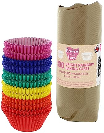 Baked with Love 50mm Bright Rainbow Cupcake Cases - 300 Pack | Greaseproof Paper, Red, Orange, Yellow, Green, Blue & Pink, 37mm Height, 50 Cases Per Colour