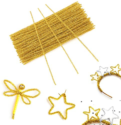 jijAcraft Glitzer Pfeifenreiniger 100 Stück Chenilledraht, 6 MM * 30 cm, Ideal für DIY Basteln, Weihnachtszierde Making und Dekorieren - Gold