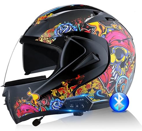 Klapphelm Bluetooth-Motorradhelm, Motorrad-Vollvisierhelm mit Doppelter Sonnenblende Eingebauter Modularer Helm für Erwachsene Männer Frauen ECE-geprüft, Bluetooth-Intercom-Headset