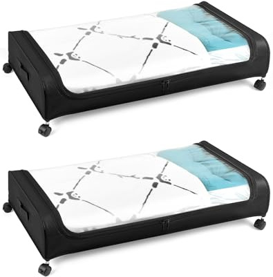 QWORK® 2er Pack Unterbett Aufbewahrungsbox auf Rollen, mit Transparenter Deckel und Metallrahmen (80x40x18 cm)