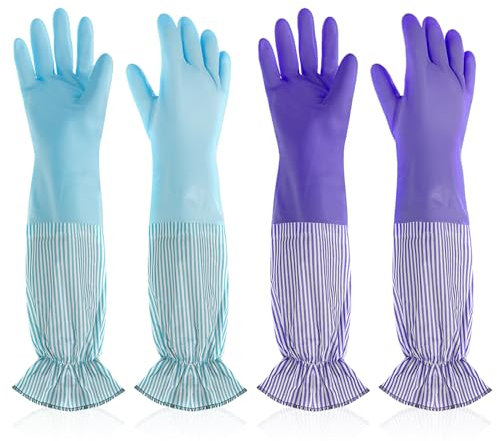COMNICO Reusable Dishwashing Cleaning Gloves, 2 Pairs 18 PVC Non-Slip Water Resistant Arm Length Washing Dishes Gloves for Household Kitchen Bathroom Gardening, Purple+Blue