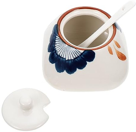 BRIGHTFUFU 300ml Ceramic Seasoning Jar Spoon Japanese Style Spice Container Floral Design for Home Kitchen and Restaurant