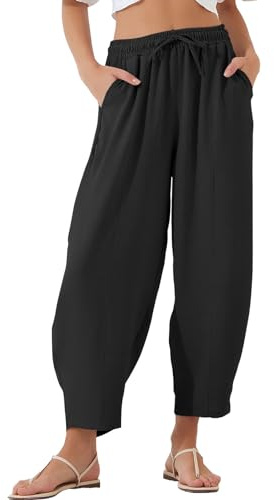 EVALESS Women's Summer High Waisted Baggy Pants Casual Ankle Length Trouser Slacks with Pockets Black 2XL