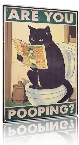 GOLRISEN Targa in Metallo Vintage con Gatto Nero 20x30cm Are You Pooping? - Decorazione da Parete Divertente per Bagno