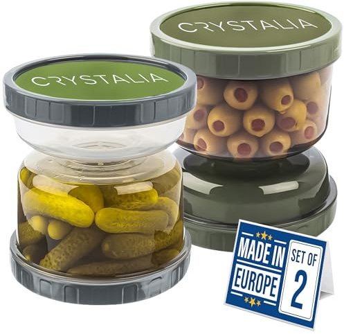 Crystalia läckagesäker saltburk med sil timglas, 1 000 cc, set med 2, 100 % BPA-fri läckagesäker saltbehållare med flip-p, upp och ner pickle kimchi-burk, flip olivburk behållare