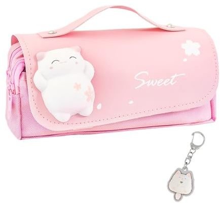 HDGSAFD Federmäppchen, Katze, 1 Stück mit 1 Katzen-Anhänger, Cartoon-Schulbedarf, Aufbewahrungstasche für Schreibwaren, tragbares Federmäppchen, Federmäppchen mit 3 Fächern., Rosa, Niedlich