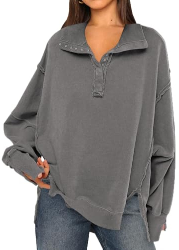 OLIPHEE Sudadera Mujer Patchwork Gran Cuello V con Botones Suéter Vintage Talla Grande Sudadera sin Capucha Escote Doblado Manga Larga Sudadera Oversize Casual Sportwear Gris L