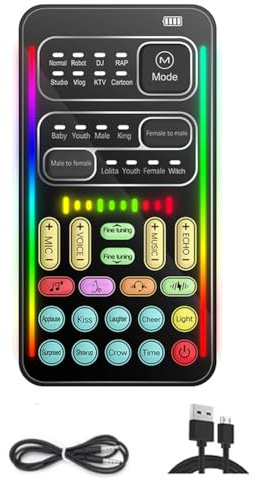 Junterone I9 Changeur de Voix Effet Audio Multiple Cartes Son Bluetooth Live Ultra-Mince Portable Carte Son Live Micro Changeur de Voix Installation Facile