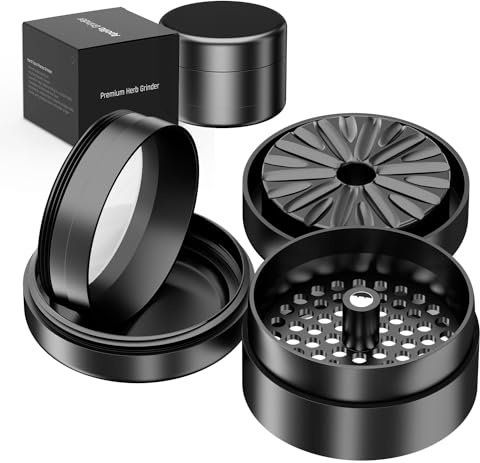 Grinder PROFESIONAL 100% Aluminio Aeronáutico Anodizado con imanes N52| 63mm Ø con nuevo sistema de Triturado Premium | Grinder metálico de 4 partes y gran capacidad para especias y hierbas (Negro)