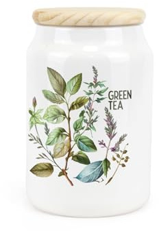 Watercolour Herbs Ceramic Green Tea Storage Canister - Country Home Farmhouse Interior Gifts - Kitchen Food Storage Container & Wooden Lid 600ml (14.5cm x 9.5cm)