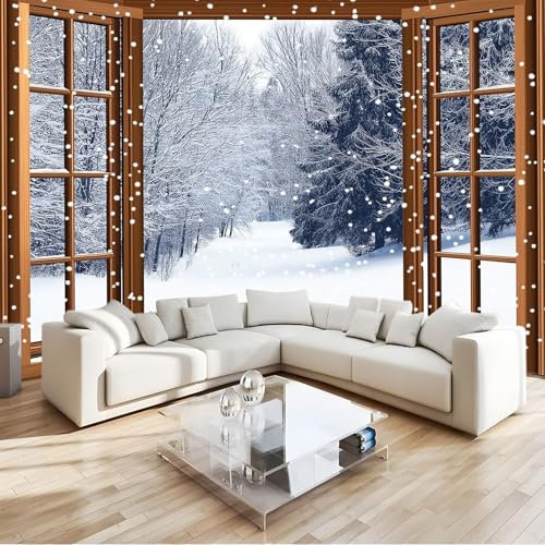 Tapete Fototapete 3D Effekt Winterlandschaft Holzfenster Schneeflocken Wandbild Wanddeko für Wohnzimmer Schlafzimmer, Weiß Vlies Tapeten mit Geruchsfreiheit Wandposter Wandkunst Tapete, 250 x 175 cm