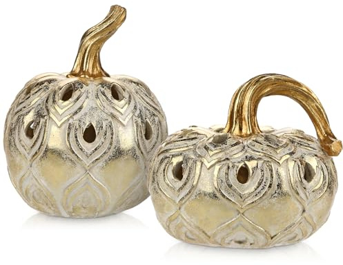 2er-Set Ruastic Vintage Herbstdeko Kürbis Deko Hohler Kürbis mit Gold-Glitter-Effekt für Herbsthochzeit, Herbst-Wohnkultur, Thanksgiving, Halloweendeko, Herbsthochzeit, Herzstück, Rustikales Dekor