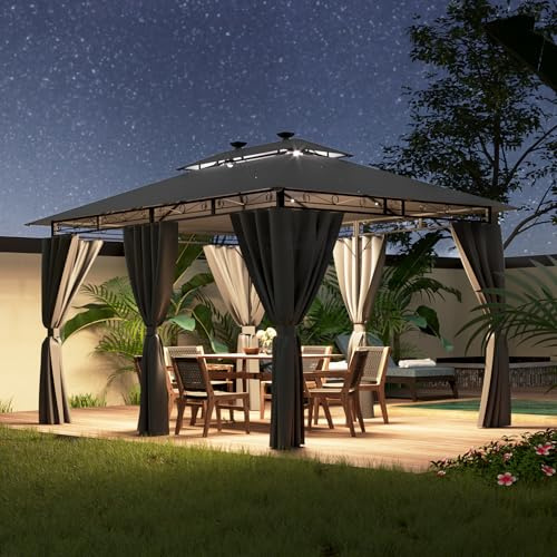Devoko Tonnelle de Jardin 3x4m avec Lumière LED, Imperméable Deluxe Tonnelle, Tonnelle de Jardin Exterieur, Tonnelles à Cadre Métallique, Pergola Jardins Exterieur pour 6-8 Personnes, Gris