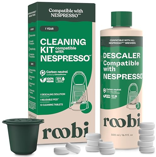 Roobi Descaling and Cleaning Kit Compatible with Nespresso Original Line. Includes 1 Bottle of Descaling Solution, 12 Cleaning Tablets and 1 Reusable Pod. Carbon Neutral. 1 Year Supply.