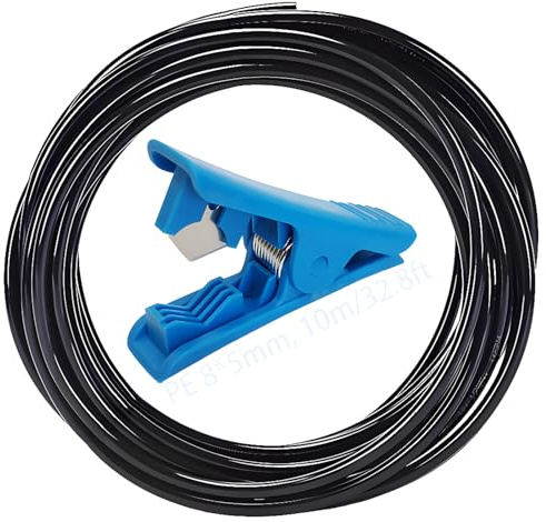 CESFONJER Irrigation Water Pipe Tube, PE Garden Watering Hose Black, Drip Irrigation Tubing OD 8mm x ID 5mm with Blue Pipe Cutter for Drip Irrigation System (10M)