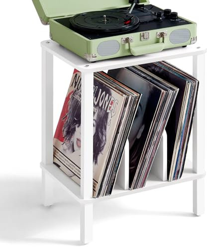 LELELINKY Soporte giradiscos de bambú de 2 Niveles con Estuche para Discos de Vinilo de hasta 100 álbumes,de Centro Multifuncional para el salón,Blanco