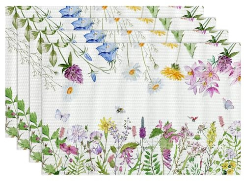 Tovagliette Americane Lavabile con Fiori Selvatici, Set di 4 Tovagliette Colazione in PVC, 45 x 30 cm, per Cucina, Vacanze, Feste, Fattoria, Interni, Casa