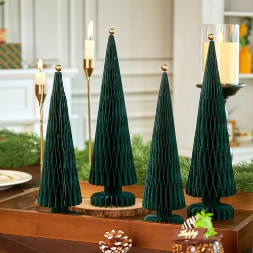 4 PCS Sapin de Noël Plié en Nid d'abeille Arbre de Noël en Papier Pliable avec Boule en Métal Décor nid d'abeille Classic Xmas Trees avec Socle Decoration Table Noel Décoration de Noel