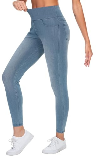 THE GYM PEOPLE Skinny Jeans Jeggings Donna a Vita Alta Elasticizzati con Contrallo Pancia, Tasche per Yoga Leggero e Tempo Libero, Denim Azzurro, M