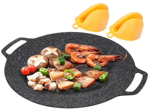 Fyeme Piastra per barbecue a gas con guanti isolati termici, 30 x 36 cm, piastra a induzione con manico, design a depressione, in lega di alluminio, per fornelli a induzione a gas, portatile (34 cm)