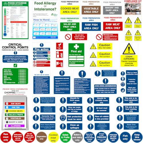 Kitchen Safety Signs plus Allergens poster,Comprehensive kit, Self Adhesive 60Pcs, H&S Compliant, Waterproof -Oil proof, Food Hygiene stickers, Mixed Decals, Restaurants, Schools, Catering vans - UK