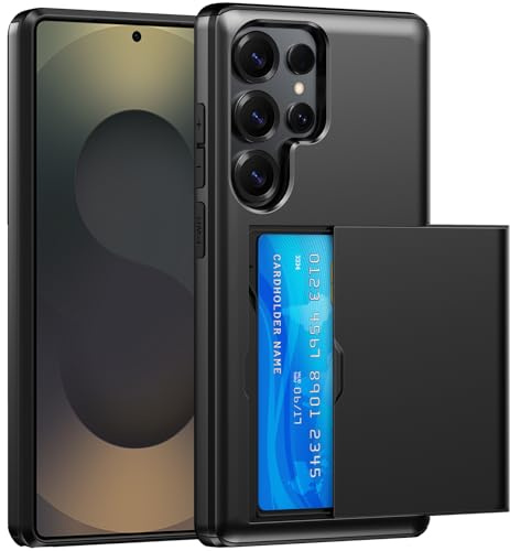SZSSZSM Plånbok för Samsung Galaxy S25 Ultra Fodral med Korthållare Dubbla Lager Militärkvalitet Skyddande Stötsäkert Dold Kortplats Smal Passform Telefonskydd – Svart