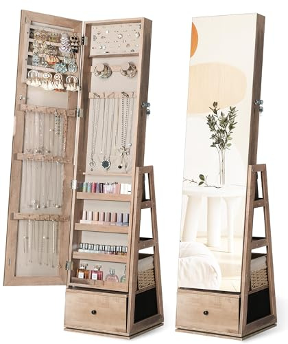Nicetree 360°Swivel Jewelry Cabinet, Rotatable Full Length Mirror with Jewelry Storage, Standing Jewelry Armoire Organizer, Lockable Jewelry Organizer with 3 Rear Shelves, Bottom Drawer, Oak