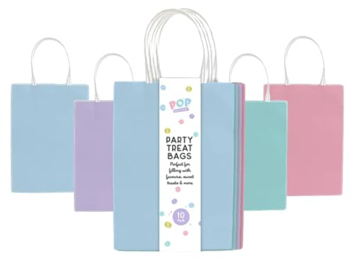 Pastel Multicolour Paper Party Bags 10 Pack - Small Gift Bags with Handles - Durable Kraft Paper Bags for Kids Parties, Favours, Birthdays, Weddings & Everyday Gifting - H21.5 x W13 x D8cm