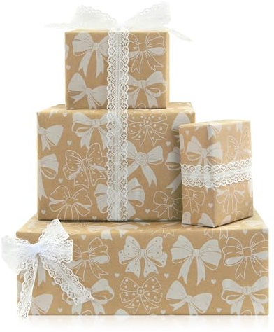Geschenkpapier mit weißer Schleife, elegantes Kraftpapier, 43 cm x 300 cm, Prinzessinnen-Stil, Bastelpapier mit Schnittlinie für Valentinstag, Hochzeit, Brautparty, Geburtstag, Frau, Mädchen, Schleife