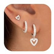 KINHOPI 3 Paar Ohrringe Set Damen, Silber/14K Vergoldet Creolen mit Hängend | Kleeblatt, Stern, Herz, Marquise Zirkonia Kleine Ohrstecker, Wasserfest Creolen, Mehrere Piercings, Schmuck Geschenke