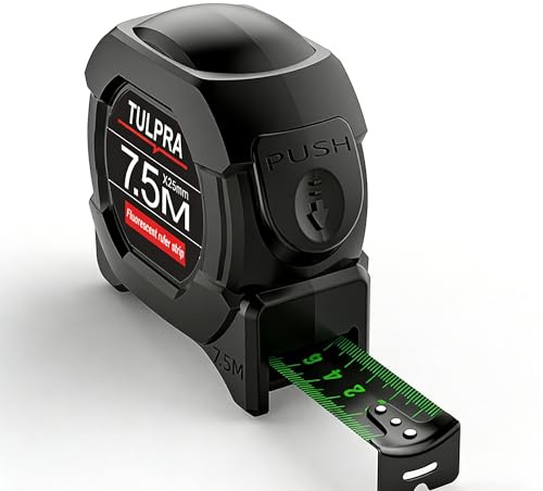 Fluorescent Self-Lock Tape Measure 7.5M, 25mm Width, Heavy Duty Nylon Coated Transparent Stainless Steel, Retractable Single Sided Metric Precision Graduated, Easy To Read with Metal Belt Clip