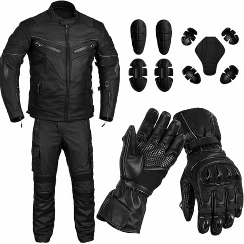 Men’s 2-Piece CE Armoured Waterproof Motorcycle Suit with Touchscreen Leather Gloves | All-Weather Cordura Riding Gear (Black, XL (Trouser L30))