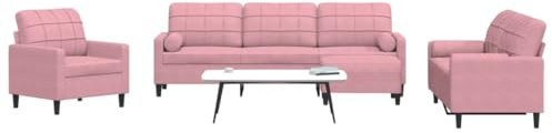 QUAHEAS 4-TLG. Sofagarnitur Rosa Samt, Wohnzimmer Möbel Set mit Sessel, 2er-Sofa, 3er-Sofa, Fußhocker, Kissen & Nackenrollen, Robustes Metallgestell