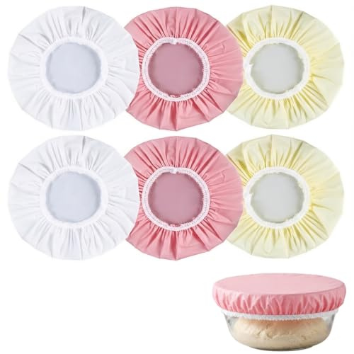 DAQUN 6 Pcs Bread Proofing Cover, Universal Stretch Lid, Plastic, Dust Protector, White Pink Almond, for Dough Fermenting