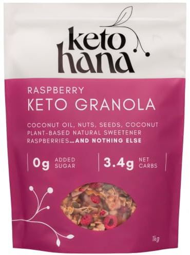 Keto Hana Raspberry Keto Granola Keto Diet Vegan Grain Free Dairy Free Plant Based No Refined Sugars Gluten Free 3.4g Net Carbs Breakfast Cereal - Bulk, Family Pack 1kg/2.2lbs