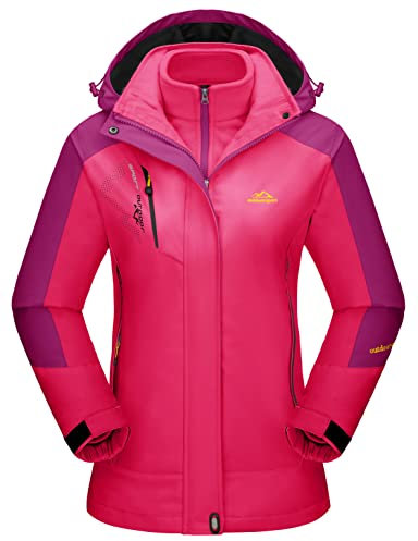KEFITEVD Snowboardjacke Damen Warme Winterjacke 3in1 Jacke Outdoor Doppeljacke Wasserdicht Fahrradjacke Winter Jacke für Ski Snowboard Rosarot M