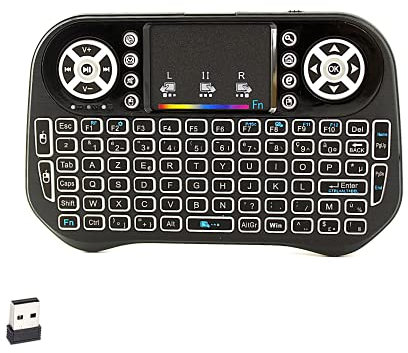 Ovegna i12: Mini teclado inalámbrico AZERTY, 2.4Ghz, Touchpad, batería recargable, retroiluminación, 7 colores, para Smart TV, PC, Mini PC, Mac, Raspberry PI 2/3/4, Laptop y Android Box