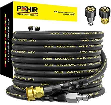 POHIR Hochdruckreiniger-Schlauch, 6,5 m x 0,3 cm mit 3/8 Zoll Schnellverbinder, hochfester Drahtgeflecht, robust, knickfest, Hochdruckschlauch, 4200 PSI, 2 Stück M22 auf 3/8 Adapter-Set Zubehör