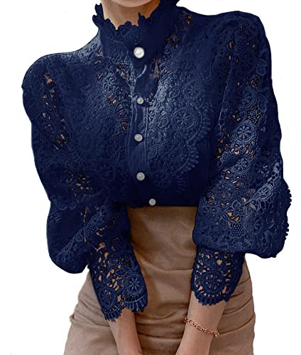 Women’s Elegant Lace Trim Shirts Casual Victorian Blouse Long Sleeve Button Down Tops(XXL,Navy Blue)