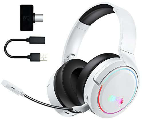 Kabelloses Gaming-Headset, Bluetooth Kopfhörer mit Mikrofon, 2,4 GHz Wireless Headphones Over-Ear Kopfhörer Surround Sound, Ultraniedrige Latenz für PS4, PS5, Switch, Xbox, PC, Laptop -Weiß