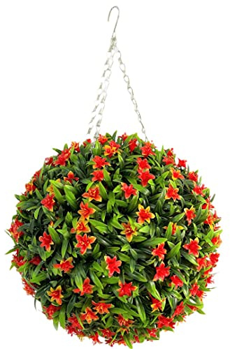 Best Artificial 38cm Lily Topiary Hanging Flower Ball **UV Fade Protected** (Orange)