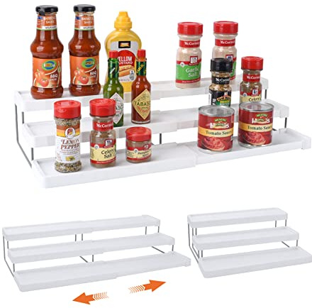 sunal Spice Rack Organiser,3-Tier Extendable Spice Holder,Inside Kitchen Cupboard Organiser,Suitable for Kitchen Countertop Spice Jars Bottles Storage,White