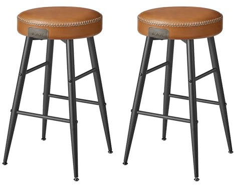 VASAGLE EKHO Collection - Bar Stools Set of 2, Kitchen Counter, Breakfast, Synthetic Leather with Stitching, Mid-Century Modern, 63 cm Tall, Home Bar, Easy Assembly, Caramel Brown