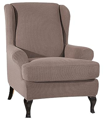 Hiseng Ohrensessel Überzug, 2-Teilig Stretch Modern Sessel-Überwürfe Ohrensessel Kissen Jacquard-Stoff Sofa Schonbezüge, Flügel Zurück Sesselbezüge mit Armlehne Hohe Rückenlehne (Hellbraun)