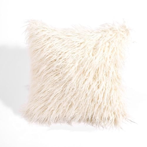 Egurs 2er Set Kunstfell Kissenbezug Langhaar Plüsch Kopfkissenbezug ZierKissenbezug Flauschig Felloptik Dekorative Kissenbezüge Kissen Couchkissen Künstlich Pelz Throw Kissenhülle Beige