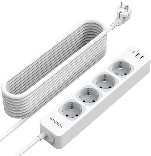 TESSAN Regletas Enchufes con USB C y USB A, 7 en 1 Alargador 10 Metros, Ladron Enchufes de 4 Tomas con Interruptor, 3600W Toma de Alargador 10M, Blanco