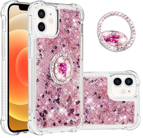 IMEIKONST iPhone 12 Mini Custodia con Cavalletto ad Anello, Brillantini Glitter Sabbie Mobili Cover Trasparente Rigida Silicone Bumper Case Custodie per iPhone 12 Mini. Amore Rosa YBZ